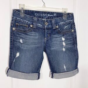 GUESS Dark Blue Distressed Denim Jean Shorts